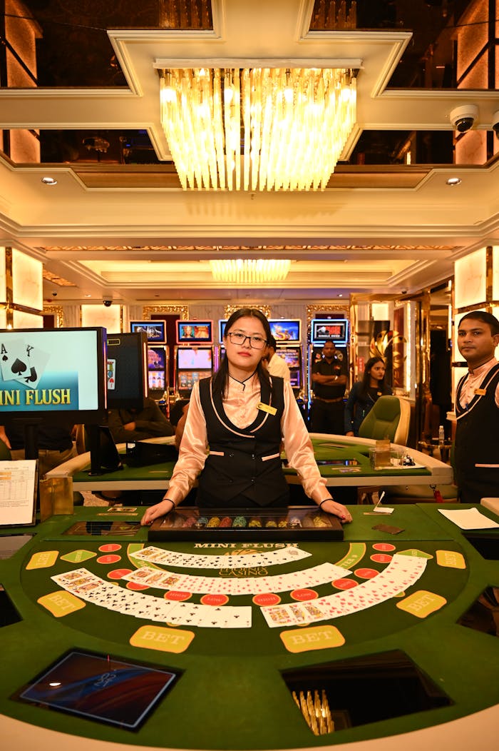 Luxurious casino gaming table in Goa, India, featuring attentive staff and vibrant ambiance.